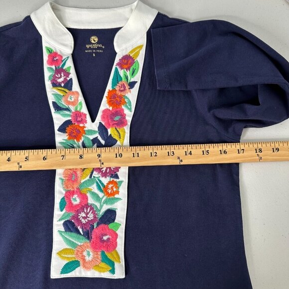 Spartina 449 Embroidered Monica Shift Dress Size Small Navy Blue Stretch Boho - Picture 7 of 13